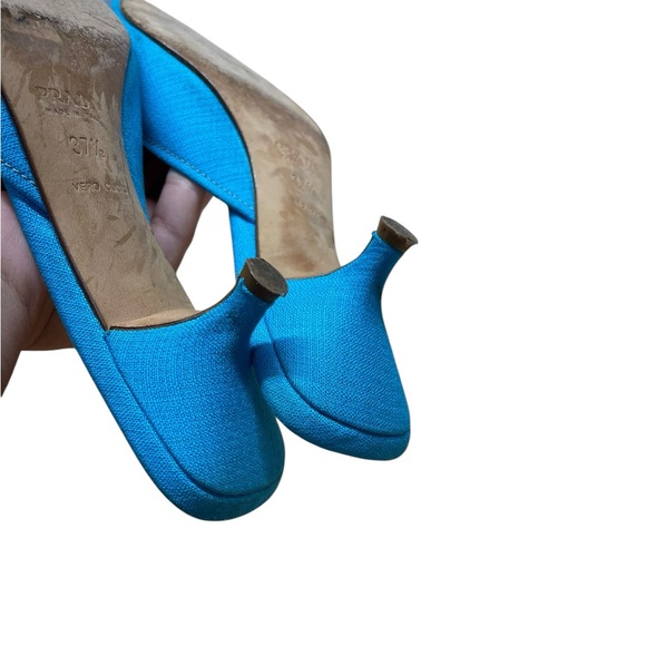 PRADA Blue Canvas Kitten Heel Mules Blue Pointed Toe - Picture 8 of 9